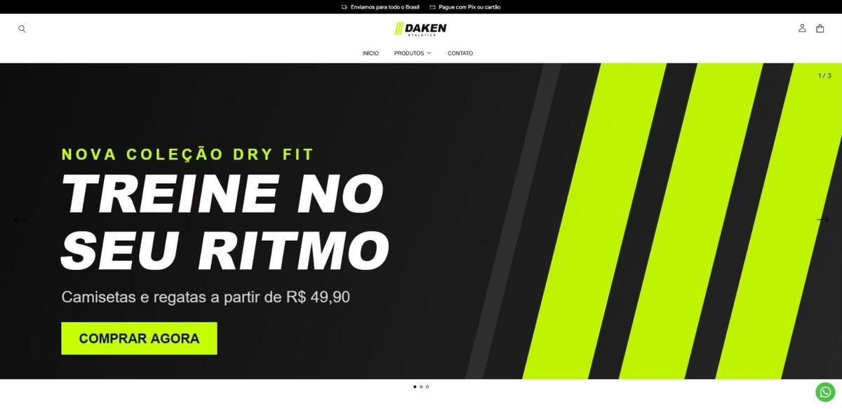 Página inicial da loja Daken Athletics com o banner Treine no seu ritmo